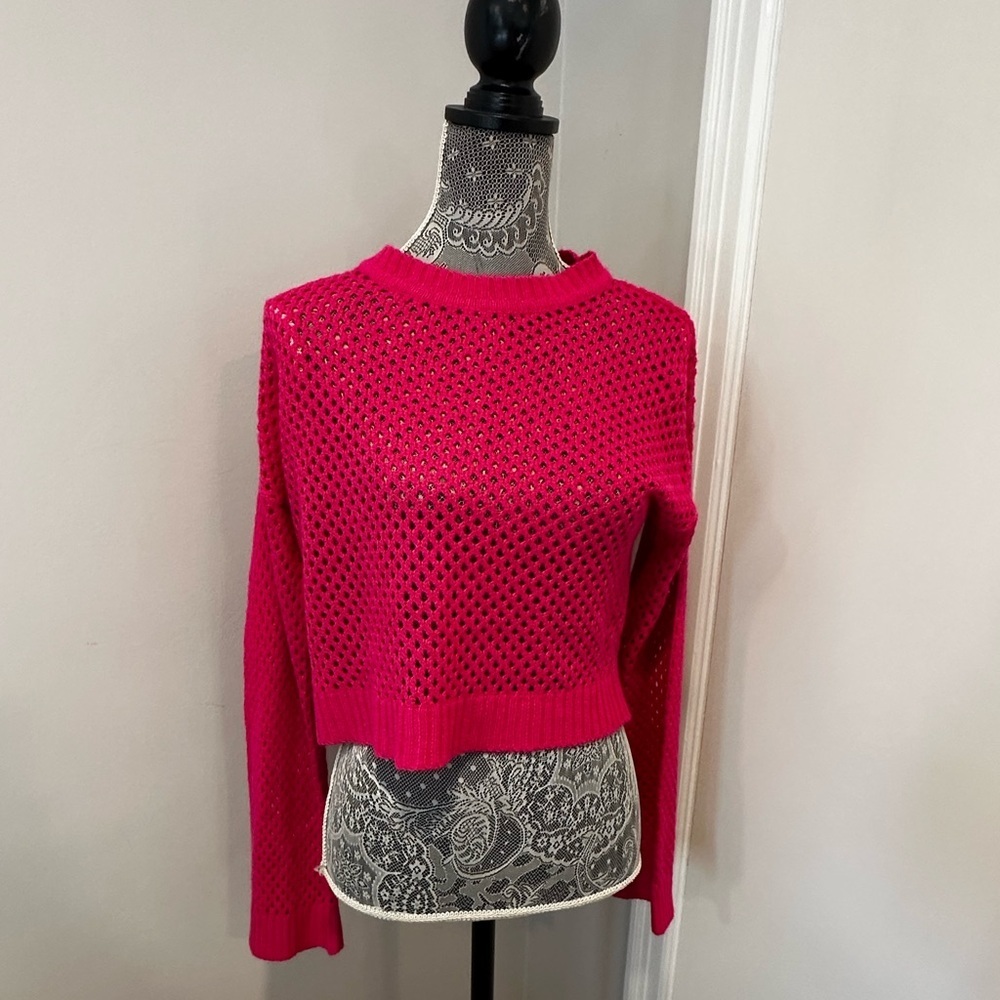 FCT With LOVE Medium Women’s Bright Fluorescent Pink Open Knit Sweater.